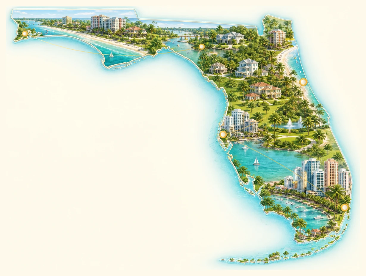 Illustrated map of Florida with communities and coastline