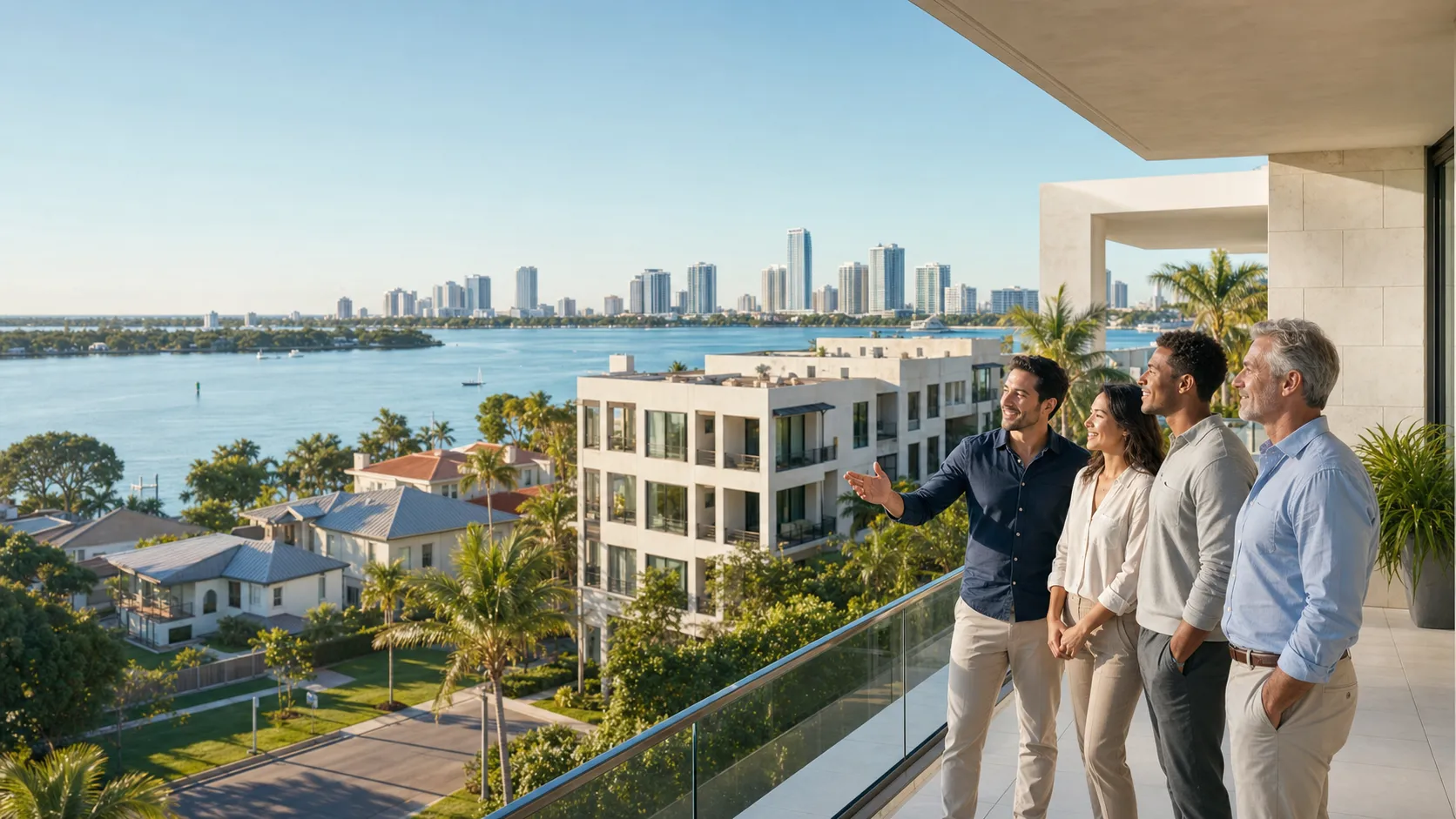 Investors overlooking Biscayne Bay from a balcony